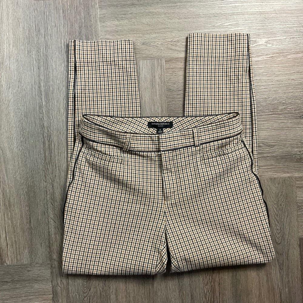 Banana Republic Sloan Pants Womens 4 Tan Black Plaid Ankle Faux Leather Trim